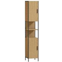 Tall Freestanding Bathroom Storage Cabinet - 2 Doors, Natural Wood, Steel Frame, Slim Design
