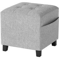 Light Grey Linen Storage Ottoman with Side Pocket - Compact Footstool