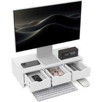 White Monitor Stand Riser with 3 Storage Drawers - Ergonomic Desk Shelf, 51cm - Contemporary Living Room Accessory