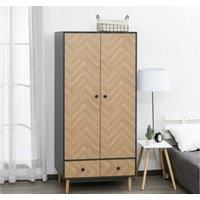 Double Door Particle Board Wardrobe - Grey/Oak, Solid Pine Legs, Spacious Storage