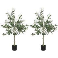 Set of 2 Artificial Silk Olive Trees in Pots - Green Faux Plant Decor, Lifelike Silk Leaves, Modern Indoor Accent