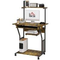 Rustic Brown Rolling Computer Desk with Keyboard Tray - Compact, Steel Frame, Multi-Storage