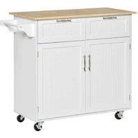 White Wooden Kitchen Island Storage Trolley - 2 Drawers, Adjustable Shelves, Space-Saving Cart