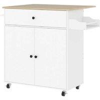 White Wood Drop Leaf Kitchen Island Storage Cart with Drawer & Racks - Space-Saving, Mobile