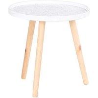White Pine Wood Floral Etched Side Table - Scandi Living Room Accent, Solid Wood, Saucer Top