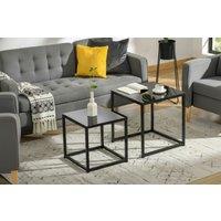 Black Glass Top Nest of 2 Side Tables - Steel Frame - Space-Saving Bedroom Furniture