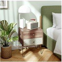 2-Drawer Bedside Nightstand - Rustic Brown Wood, Steel Legs, Compact Storage, Boho Style