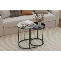 Industrial Round Nesting Bedroom Side Table Set - Grey Wood-Effect & Black Metal, Space-Saving