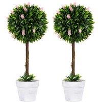 Set of 2 Faux Lavender Flower Ball Trees in White Pot - 60cm Artificial Indoor/Outdoor Home Decor
