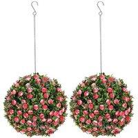 Set of 2 Decorative Artificial Plants - UV Resistant Faux Rose Balls, 28cm, Pink, Modern Home Decor