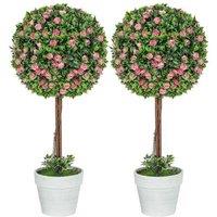 Set of 2 Faux Ball Topiary Trees with Roses - 60cm UV-Resistant Decorative Artificial Plants