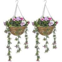 Set of 2 Hanging Faux Azalea Flowers in Decorative Wicker Baskets - UV-Protected Artificial Plants for Home & Garden