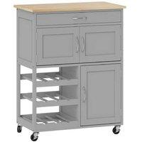 Wooden Rolling Kitchen Storage Trolley with Wine Rack & Drawer - Mobile Island Cart
