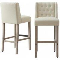 Rustic Set of 2 Linen Tufted Bar Stools with Sturdy Wood Legs and Footrest