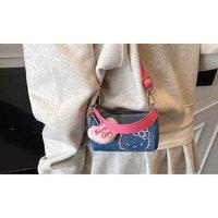 Beige Denim Cylinder Handbag for Women - Cat Design Crossbody Purse with Top Handle