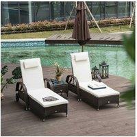 Brown Rattan Reclining Sun Lounger Set - 2 Seat, Weather-Resistant, Adjustable, with Side Table