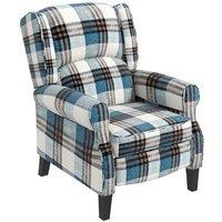 Push-Back Wingback Recliner Chair - Blue Checked Linen, Wood Legs, Adjustable Back