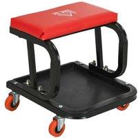 Red Rolling Workshop Stool - Padded Faux Leather Mechanic Seat with Tool Tray & Wheels, 100kg Capacity