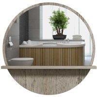 45cm Round LED Bathroom Mirror with Shelf - Grey Wood-Effect, Modern Particleboard Frame
