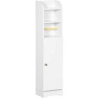Slim White Freestanding Bathroom Storage Cabinet - 2 Shelves + Toilet Paper Holder, Particle Board, Modern Space-Saving Design