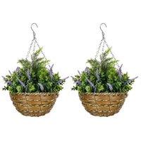 2 Artificial Hanging Lisianthus Baskets - Purple Faux Flower Pots with Wicker & Metal Chain