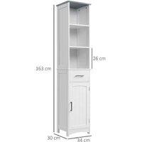 Tall Freestanding Bathroom Storage Tower - MDF Slimline Cabinet with Drawer & Shelves - Modern White 163cm