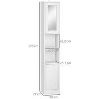 Tall Freestanding Bathroom Mirror Storage Cabinet - Adjustable Shelves, White Particle Board