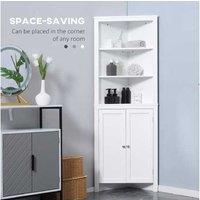 Modern White MDF Freestanding Bathroom Corner Cabinet - 3-Tier Shelves + Cupboard Storage