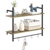 Rustic Wood & Steel Wall Shelf with 4 Hooks - Floating Storage Solution
