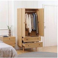 Natural Wood-Effect Double Wardrobe with 2 Doors & 2 Drawers - 80x180cm Bedroom Storage
