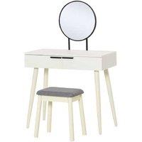 White Solid Wood Vanity Table Set - Storage Drawer, Mirror & Stool - Contemporary Dressing Table