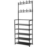 Entryway 5-Tier Shoe Rack with Double Hooks for Coats & Bags - Black
