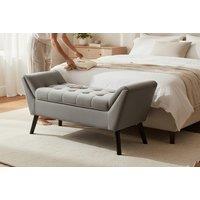 Grey Velvet Upholstered Tufted Bench with Raised Arms - Button Details & Classic Design