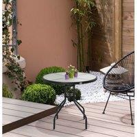 80cm Round Steel & Glass Outdoor Bistro Table with Parasol Hole - Modern Black