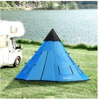 6-Person Waterproof Polyester Teepee Camping Tent with Mesh Windows & Carry Bag - Blue