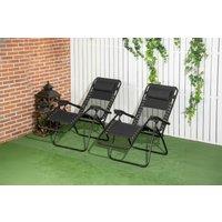 2x Foldable Reclining Sun Lounger Chairs with Footstool - Black Steel Frame, Outdoor Garden Set
