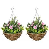 2x Artificial Lisianthus Hanging Planters - Flowering, Low Maintenance