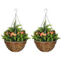 2x Faux Lisianthus Hanging Flower Baskets - Realistic Plastic, Indoor/Outdoor, Wicker Pots
