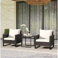 3pc Brown Rattan Bistro Set - Weather-Resistant Garden Furniture with Cushions & Glass Table, Seats 2