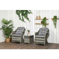 3pc Grey Rattan Bistro Set with Cushions & Table - Weather-Resistant Outdoor Garden Furniture