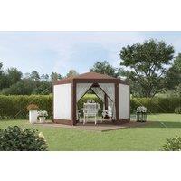 Hexagonal Steel Patio Gazebo Tent with Mesh Sides & Zipped Door - Weather-Resistant, 6-Person, Modern Outdoor Shelter (Brown)