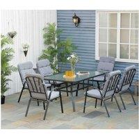 7pc Steel Patio Dining Set - Cushioned Chairs & Glass Table, Weather-Resistant, 6-Seater - Modern Black