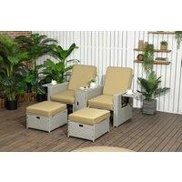 5pc Grey Rattan Reclining Sun Lounger Set with Table & Footstools - Weather-Resistant Outdoor Furniture