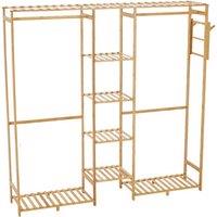 Modern Wooden Clothes Rack with Hanging Rods, Shelves, and Side Hooks