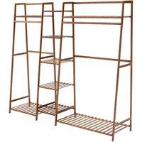 Spacious Bamboo Garment Rack With Multiple Shelves & Hanging Rods