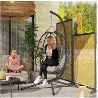 Light Grey Rattan Hanging Egg Chair with Stand - Weather-Resistant, Foldable, Outdoor/Indoor
