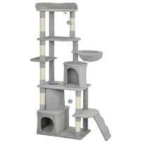 170cm Multi-Level Cat Tree - Plush & Sisal, 7 Posts, 2 Condos, Ramp, Grey