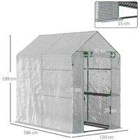Walk-in Greenhouse with Shelves - Steel Frame, Weatherproof PE Cover, 4-Tier Storage - 186120190cm - White