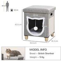 2-in-1 Cat Bed Ottoman - Plush Cave, Scratching Pad, Toy Ball - Grey Modern Space-Saving Design