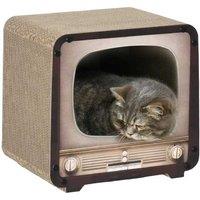 2-in-1 Corrugated Cardboard Cat House & Scratcher with Catnip - Vintage TV Style, Space-Saving, For Small Cats (Brown)